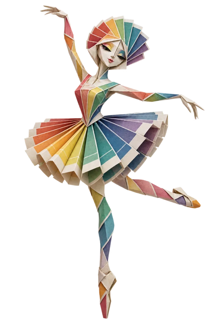Cassy, an origami ballerina folded from color swatches with a crown of swatches